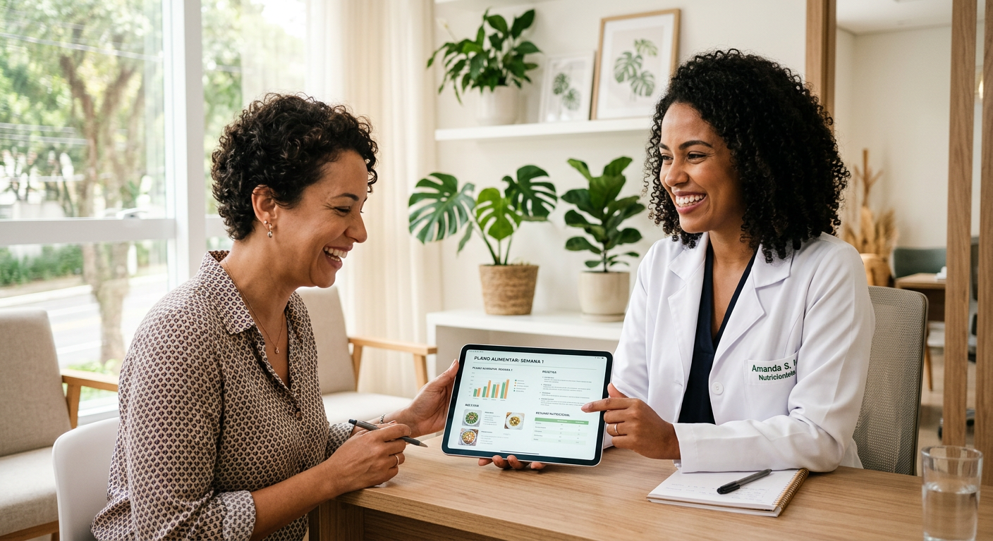 Nutricionista conversando com uma cliente sobre o plano alimentar