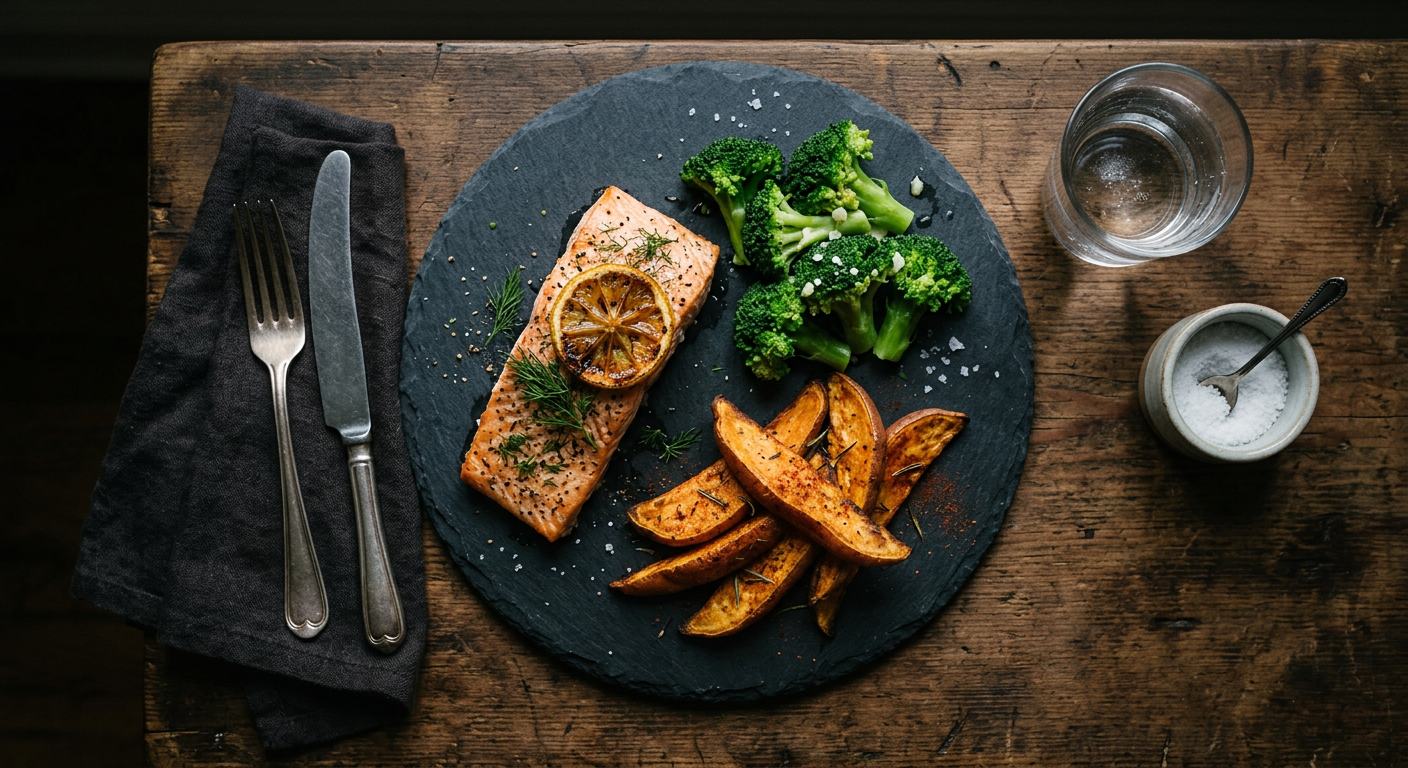 Salmão assado com batata-doce e brócolis
