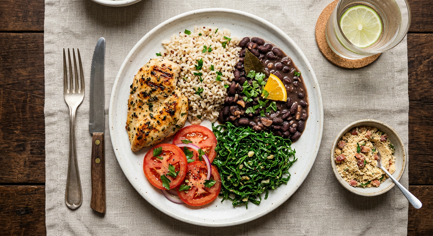 Prato com frango grelhado, arroz integral, feijão e couve